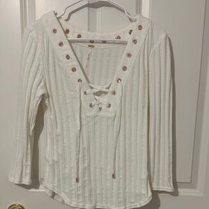 Free People White Lace-Up Ribbed Top